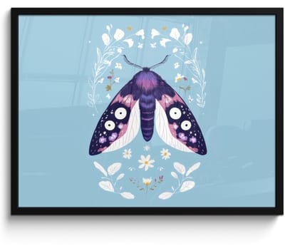 Poster in lijst - Fotolijst 70x50 cm - Posters - Bladeren - Wit - Vlinder - Insect - Posterlijst zwart - Decoratie - Wanddecoratie woonkamer - Muurdecoratie slaapkamer