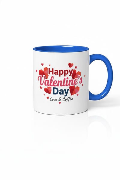 Valentijnsdag Mok - Happy Valentine's Day met Liefde & Koffie Hartjes | Witte Beker met Blauw Handvat