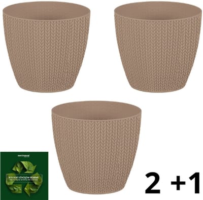 3 bloempotten - taupe - gehaakt - Serinova - kruidenpotten - beige smartpotten met ingewerkte opvangschaal