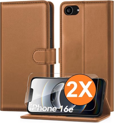 Hoesje Geschikt voor iPhone 16e / iPhone 17e hoesje bookcase Bruin met screenprotectors 2 stuks