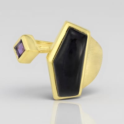 Cavill - Zilveren ring verguld - 4,33 ct zwarte onyx & 0,30 ct amethist - Moderne geometrische design - 925 Sterling zilver - Luxe statement ring