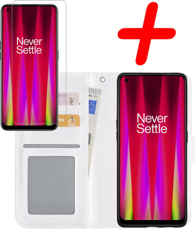 Hoesje Met Screenprotector - Geschikt voor OnePlus Nord CE 2 - Luxe Pasjeshouder - Bookcase Portemonee - Flip Case - Kunstleer Book Case - Flipcase - Book Cover - Walletcase - Portemonneehoes - Wit