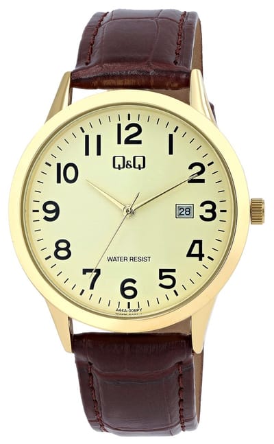 Q&Q -Herenhorloge- Datum-goudkleurig-duidelijke wijzerplaat-bruin leder-diameter 40 mm-3 atm waterdicht
