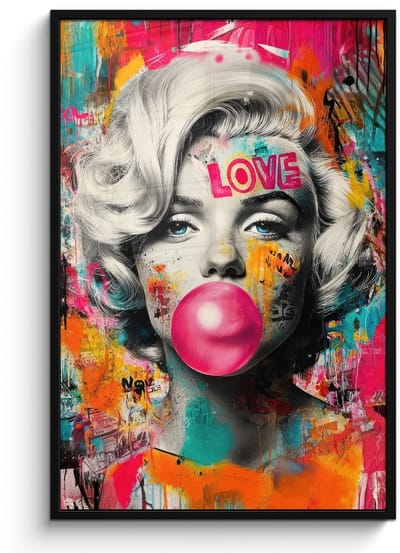 Poster in lijst - Fotolijst 80x120 cm - Posters - Vrouw - Kauwgom - Graffiti - Neonkleuren - Posterlijst zwart - Decoratie - Wanddecoratie woonkamer - Muurdecoratie slaapkamer