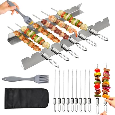 Herbruikbare roestvrijstalen grillspiesen voor BBQ, ideaal voor vlees en groenten, inclusief opbergtas en borstel, 12 stuks