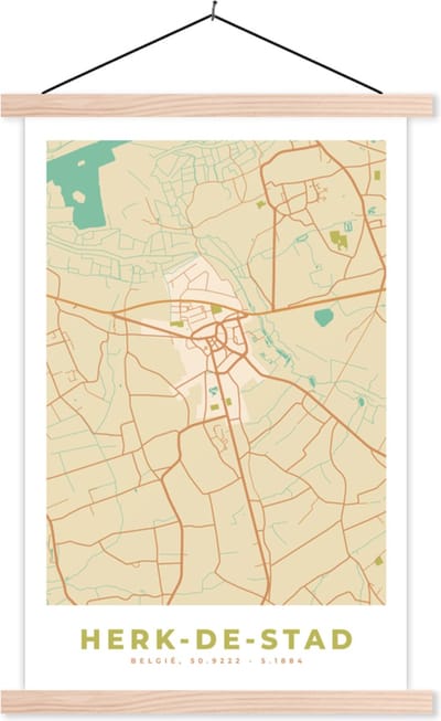 Posterhanger incl. Poster 40x60 cm - Schoolplaat - Plattegrond - Stadskaart - Herk-de-Stad - België - Kaart - Textielposter - Blanke latten - Stadskaart