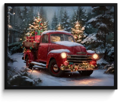 Poster in lijst - Fotolijst 80x60 cm - Posters - Kersttruck - Sneeuwbos - Rood - Posterlijst zwart - Decoratie - Wanddecoratie woonkamer - Muurdecoratie slaapkamer - Kerstversiering - Kerstdecoratie voor binnen - Kerstmis