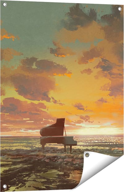 Gards Tuinposter Piano op het Strand bij Zonsondergang - 60x80 cm - Tuindoek - Tuindecoratie - Wanddecoratie buiten - Tuinschilderij