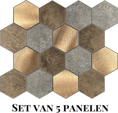 Wallways Wandpanelen - Plaktegels - Set van 5 Tegels - Tegelsticker - Zelfklevende Tegels - 4MM dik - Aluminium toplaag - Waterdicht - Krasbestendig - Hittebestendig - 3M Kleeflaag - Hexagon Koper XL