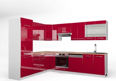 Vicco Hoekkeuken Fame-Line, Bordeauxrode hoogglans/Wit, 287 x 227 cm, WB Eik