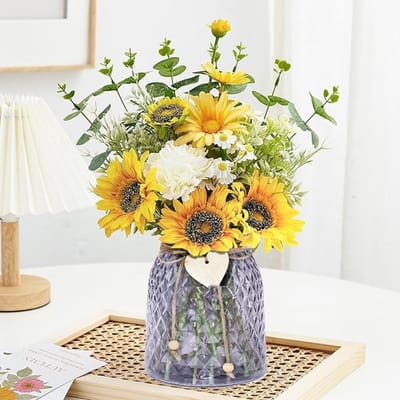 Dailygoods - Kunstbloemen in pot, kunstbloemen, tafeldecoratie, woonkamerdecoratie, zonnebloemen, kunstbloemen, net echt voor vensterbank en slaapkamer, inclusief glazen vaas