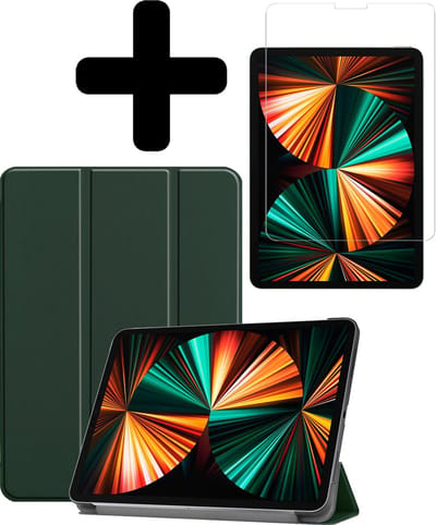Hoes - Geschikt voor Apple iPad Pro (2021) - 11 inch - 3e generatie - Met Screenprotector - Trifold Bookcase - Hard Cover - Hardcover Book Case - Tablet Hoesje - Donkergroen