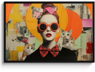 Poster in lijst - Fotolijst 120x80 cm - Posters - Vrouw - Bril - Strik - Retro - Posterlijst zwart - Decoratie - Wanddecoratie woonkamer - Muurdecoratie slaapkamer