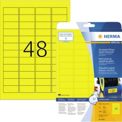 Herma 8030 Folie-etiketten 45.7 x 21.2 mm Polyester folie Geel 1200 stuk(s) Extra sterk hechtend Laser (zwart/wit), Laser (kleur), Kopiëren
