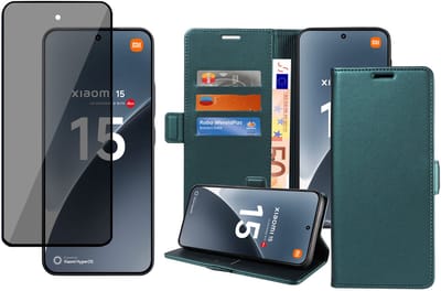 Book Case & Privacy Screenprotector geschikt voor Xiaomi 15 Hoesje Screenprotector - Privé - Gehard Glas Cover - Magnetische Sluiting - Portemonnee Turqoise