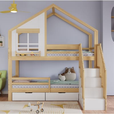 Kinderstapelbed met twee uitschuifbare laden, veiligheidsladder met leuningen, grenen & MDF, wit en naturel, 90x200 cm