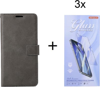 Bookcase Geschikt voor: Motorola Edge 30 Pro - Grijs - portemonnee hoesje met 3 stuk Glas Screen protector