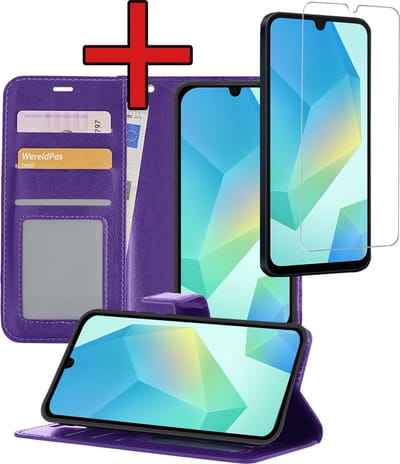 Hoesje - Met Screenprotector - Geschikt voor Samsung Galaxy A16 - Luxe Pasjeshouder - Flipcase - Bookcase Portemonee - Flip Case - Kunstleer Book Case - Book Cover - Walletcase - Portemonneehoes - Telefoonhoes - Paars