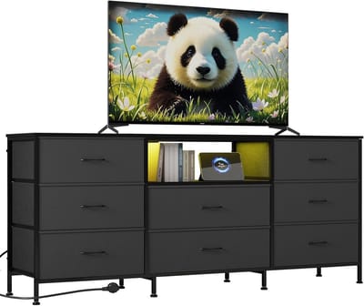 Modern industrieel tv-meubel met 8 lades - voor tv's tot 75 inch- grote opbergruimte - stalen frame en spaanplaat - geïntegreerde ledverlichting - 160x35x68 cm-grijs