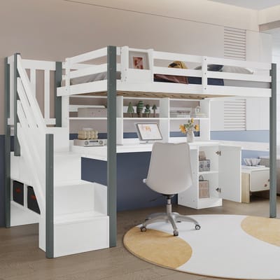 REDOM Halfhoogslaper – 90x200 cm – Met bureau & opbergladder – Boekenrek & stoffen opbergboxen – Massief hout & MDF – Wit & Grijs