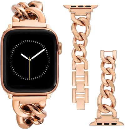 Stravo Metalen Chain Horlogebandje – Geschikt voor Apple Watch 42mm (Series 11/10), 41mm (Series 7/8/9), 40mm (Series 4/5/6, SE 1/2/3), 38mm (Series 1/2/3) – Sieraden Horlogeband met Grove Schakelketting – Roségoud