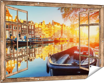 Gards Tuinposter Doorkijk Amsterdamse Brug - Gracht - met Bloemen - 150x100 cm - Tuindoek - Tuindecoratie - Wanddecoratie buiten - Tuinschilderij