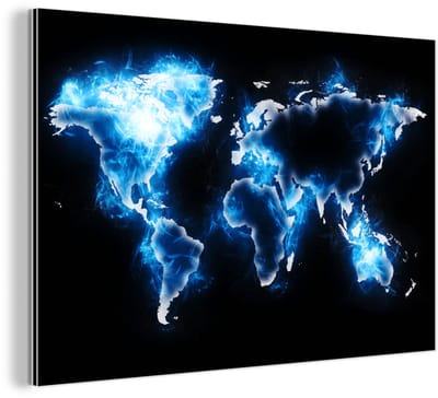 Aluminium schilderij 180x120 cm - Wanddecoratie metaal - Wereldkaart - Blauw - Zwart - Metalen muurdecoratie woonkamer - Decoratie industrieel - Foto op dibond - Industriële accessoires slaapkamer