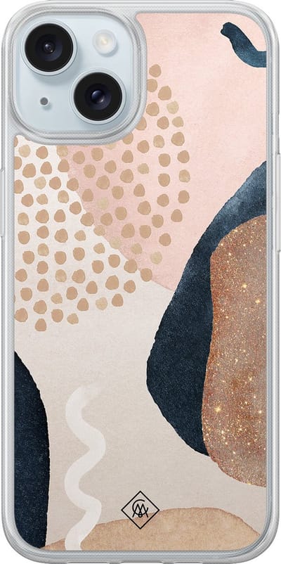 Casimoda® hoesje - Geschikt voor iPhone 15 - Abstract Dots - 2-in-1 case - Schokbestendig - Geometrisch patroon - Verhoogde randen - Bruin/beige, Transparant