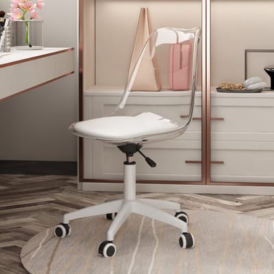 Moderne draaistoel met transparante rugleuning – in hoogte verstelbaar, PU-bekleding, soepel lopende wielen voor veilige verplaatsing. Minimalistisch design voor Europese woningen en kantoren.