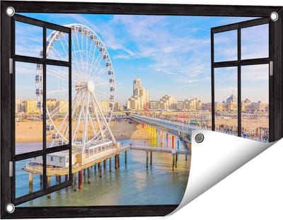 Gards Tuinposter Doorkijk Scheveningen Pier met de Ferris Wheel - Reuzenrad - 60x40 cm - Tuindoek - Tuindecoratie - Wanddecoratie buiten - Tuinschilderij
