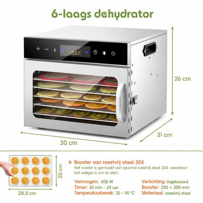 Seth Select Professionele Voedseldroger 400W - Luxe Voedseldehydrator met 24-uurs Timer en Temperatuurregeling - 6 lagen - Zilver