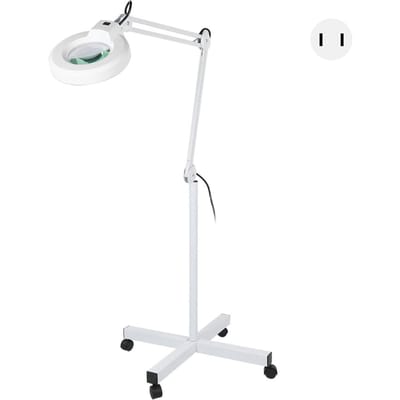 Loupe 8X avec Support Lumineux Lampe Loupe LED avec Base Roulante à 4 Roues Bras Pivotant Réglable