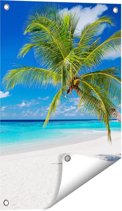 Gards Tuinposter Tropisch Strand met een Palmboom - 40x60 cm - Tuindoek - Tuindecoratie - Wanddecoratie buiten - Tuinschilderij