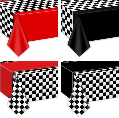 Set van 4 Ruitvormige Tafelkleden voor Motor Racing Verjaardagsfeest, Zwart-Wit, 220x130cm, Perfect voor Kinderen en Feestdecoratie
