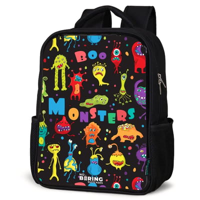 NoBoringSuitcases.com® - Rugzak zwart - Schooltas jongen & meisje - Patroon van monsters - Rugtas voor school - Boekentas kind - Schoolrugzak - Kinderrugzak