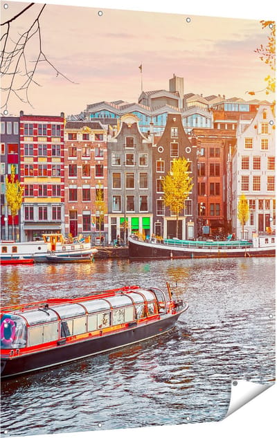 Gards Tuinposter Amsterdamse Huisjes vanaf de Grachten - 120x160 cm - Tuindoek - Tuindecoratie - Wanddecoratie buiten - Tuinschilderij