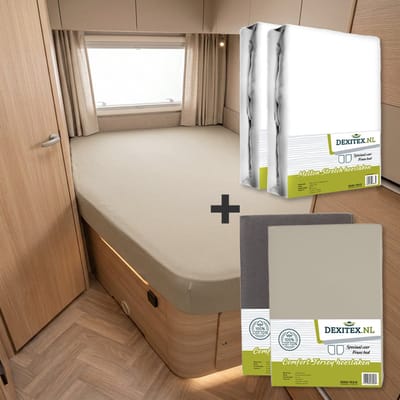 Dexitex Textielpakket Frans bed - 2 molton met 2 hoeslakens - links - 1 x Zandkleur + 1 x Antraciet