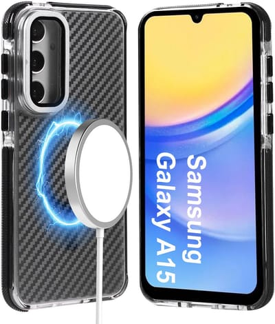Magsafe Hoesje Geschikt voor Samsung A15 hoesje Zwart Heavy Duty Carbon Case met Versterkte Zijkanten, MagSafe en Camera Kickstand