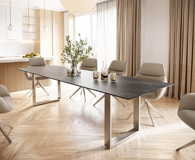Eettafel Edge keramiek Laminam® Noir Desir bruin 300x100 roestvrij staal smal