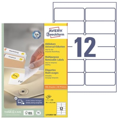 Avery L4743REV-100 - Weiß - Abgerundetes Rechteck - 99.1 x 42.3 mm - A4 - Universal - Papier (L4743REV-100)