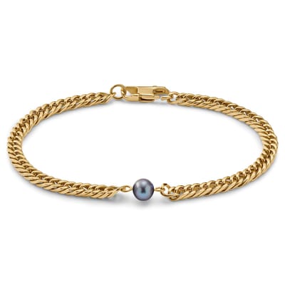 Ocata | Armband met Goudkleurige Cubaanse Schakels en Zwarte Parels
