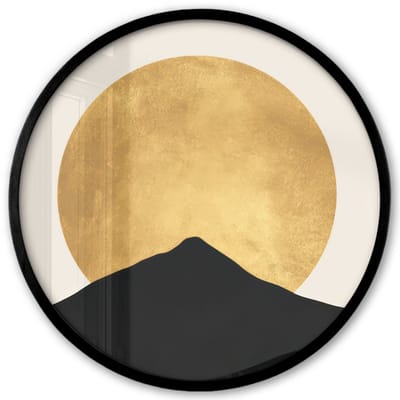Poster in lijst Rond - Fotolijst 40x40 cm - Posters - Bergsilhouetten - Gouden cirkel - Beige - Ronde posterlijst zwart - Decoratie - Wanddecoratie woonkamer - Muurdecoratie slaapkamer