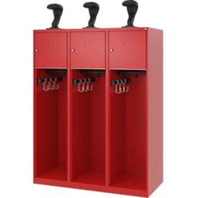 Brandweerkluis C+P Evolo Youngster, 3 vakken, met helmhouder, vloerglijders, B 1200 x D 500 x H 1530 mm, RAL 3000 vuurrood