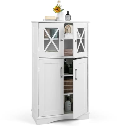 COSTWAY Badkamerkast, midi-kast met 3 verstelbare planken en 4 deuren, houten opbergkast voor badkamer, woonkamer en keuken, 60 x 30 x 108 cm (wit)