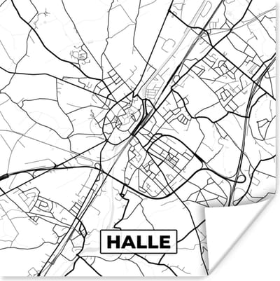 Poster Zwart Wit – België – Plattegrond – Stadskaart – Kaart – Halle - 100x100 cm XXL