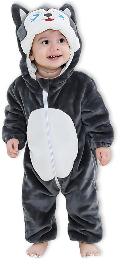 BoefieBoef Dieren Baby Onesie Peuter Pyjama Kinderen 6 maanden tot 2 jaar – Wolf – Verkleedkleding met Luierrits – Carnaval Dierenpak - Kerst en Kraamcadeau Tip – Zacht Flanel - Romper - Boxpak - Jongens - Meisjes - Kruippak - Winterpak - Grijs