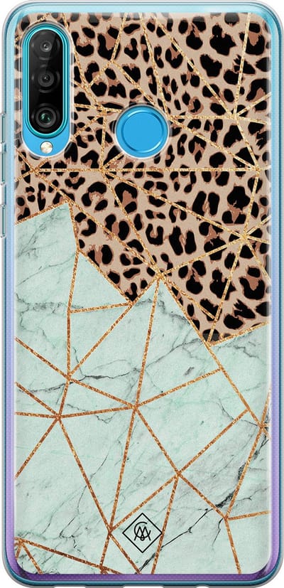 Casimoda® hoesje - Geschikt voor Huawei P30 Lite - Luipaard Marmer Mint - Siliconen/TPU - Soft Case - Bruin - Luipaardprint