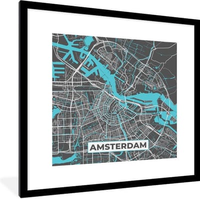 Fotolijst incl. Poster - Plattegrond - Amsterdam - Grijs - Blauw - 40x40 cm - Posterlijst - Stadskaart