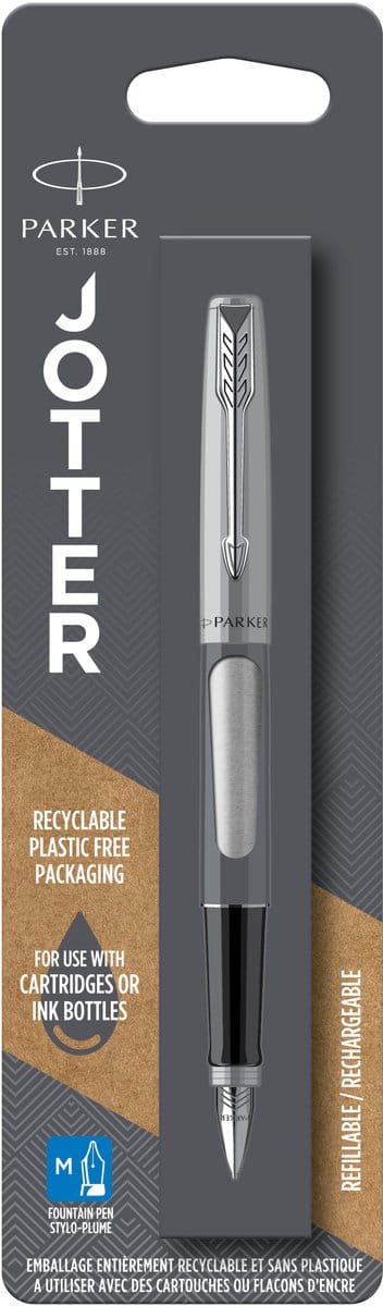Parker Jotter vulpen | Roestvrij staal met chromen afwerking | Medium penpunt | Blauwe inkt
