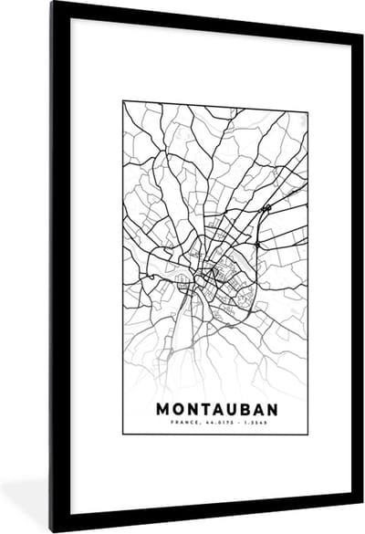 Fotolijst incl. Poster Zwart Wit- Frankrijk - Kaart - Montauban - Plattegrond - Stadskaart - Zwart wit - 60x90 cm - Posterlijst
